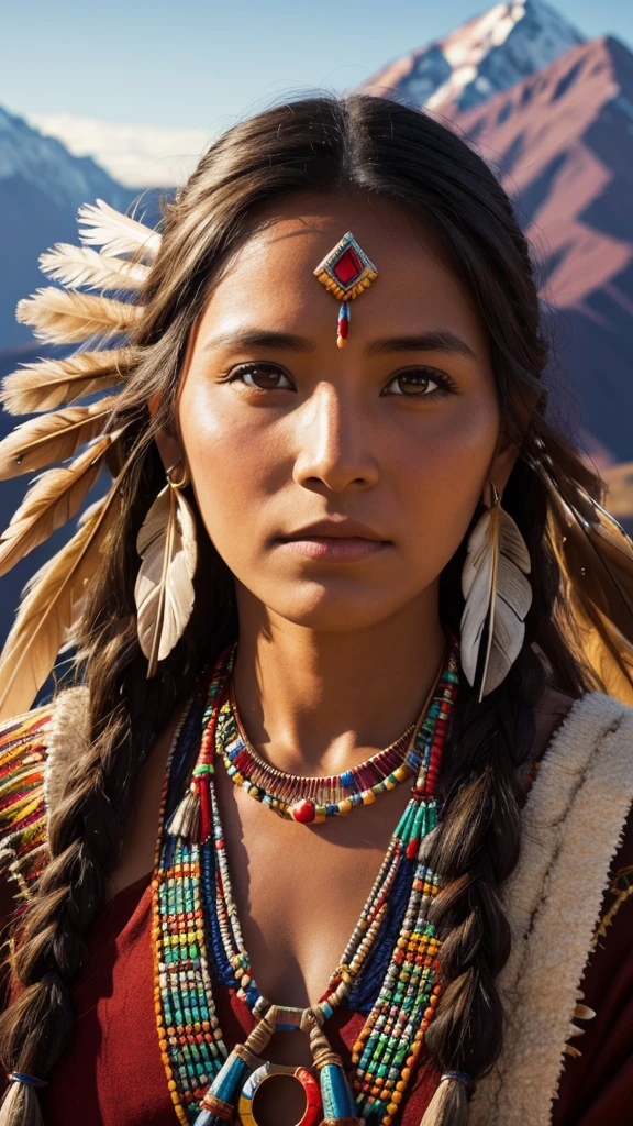 Highly detailed portrait of a very beautiful native american woman, evening sunshine, traditional dress, high resolution, hdr, close-up, andes mountain background,  