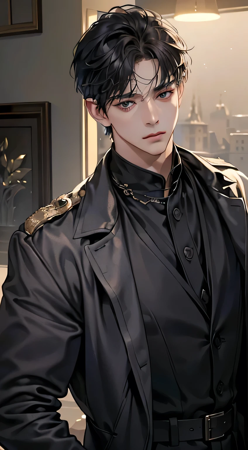 (Best quality, masterpiece, 8 thousand, realistic, Cinematic lighting, 1:4 HDR-изображения, Very detailed, Beautiful photos), Mature man, Very cute, ((cold expression)), black short hair, black eye, Perfect face without mistakes, ((Buttoning up my jacket, Executive Director))