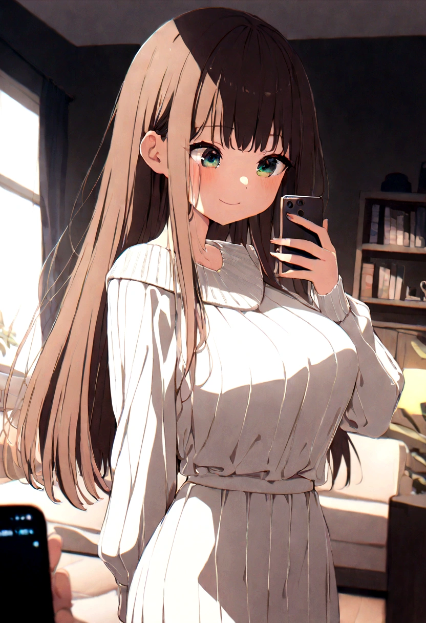 ((1girl)), super fine illustration, vibrant colors, absurdres extremely detailed CG, 8k wallpaper, (masterpiece:1.3), dynamic angle, dynamic pose,
best quality, depth of field, cinematic lighting, ultra detailed, brown long hair, very straight hair, large breast, white knit dress , 20yo, cute, kawaii, smile, droopy eyes, arms at sides, smartphone, modern living room, Pointing the smartphone screen