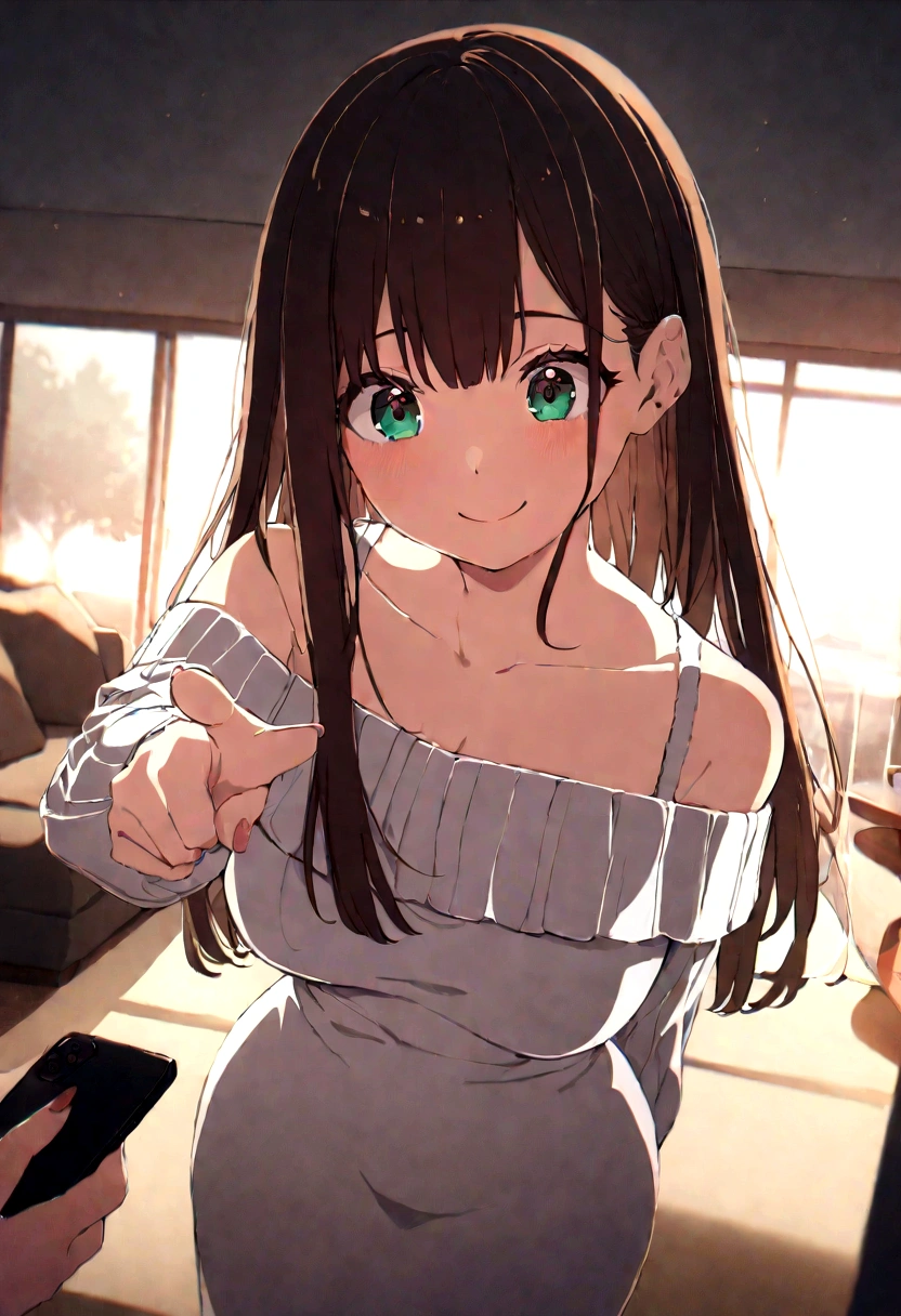 ((1girl)),  super fine illustration, vibrant colors, absurdres extremely detailed CG, 8k wallpaper, (masterpiece:1.3), dynamic angle, dynamic pose, 
best quality, depth of field, cinematic lighting, ultra detailed, brown long hair, very straight hair, large breast, white knit dress , 20yo, cute, kawaii, smile, droopy eyes, arms at sides, smartphone, modern living room, Pointing the smartphone screen