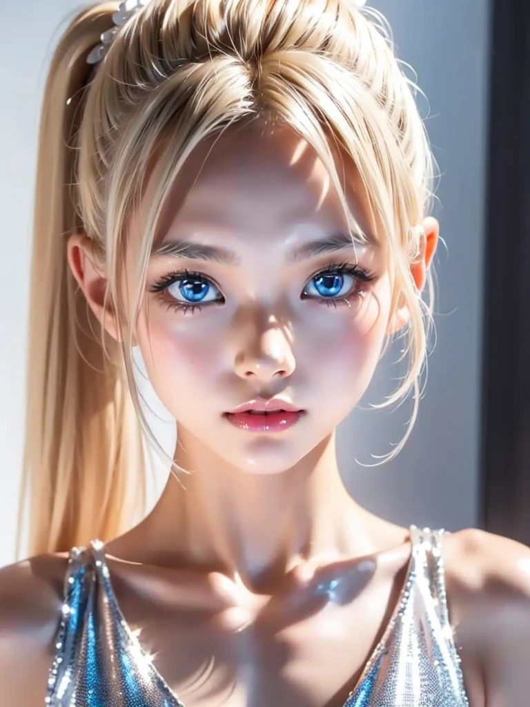 Portraiture、、bright expression、ponytail、young, Shiny, Shine, White skin、The ultimate beauty、Blonde reflection、Platinum blonde hair with dazzling highlights、Shinebright髪,、Super long, silky straight hair、Shiny美しい前髪、bright, clear, Charm, Big Blue Eyes、A very beautiful, adorable and cute  girl.、Small Bust