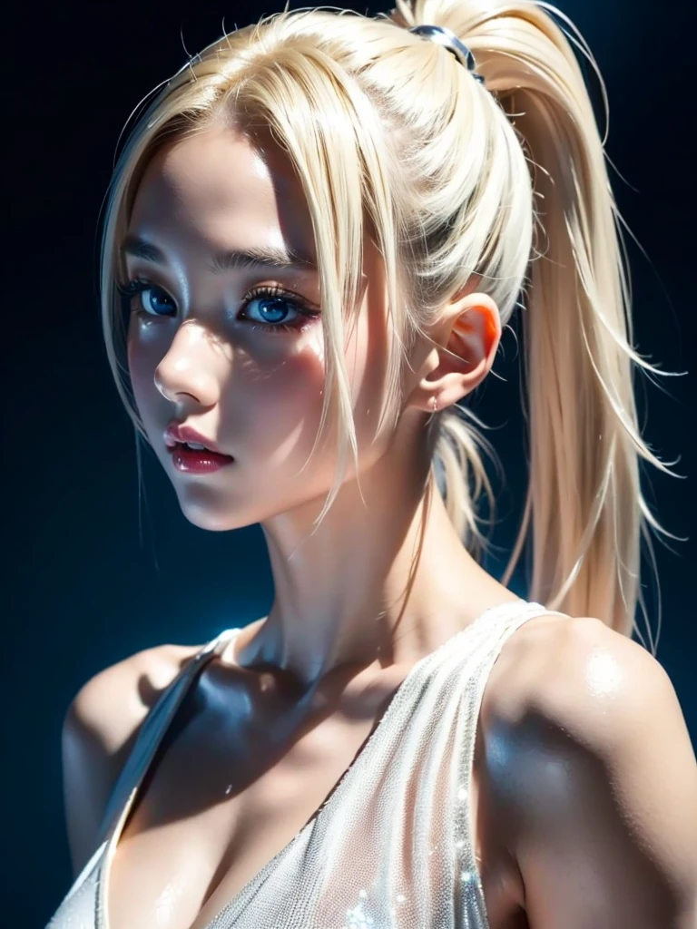 Portraiture、、bright expression、ponytail、young, Shiny, Shine, White skin、The ultimate beauty、Blonde reflection、Platinum blonde hair with dazzling highlights、Shinebright髪,、Super long, silky straight hair、Shiny美しい前髪、bright, clear, Charm, Big Blue Eyes、A very beautiful, adorable and cute  girl.、Small Bust