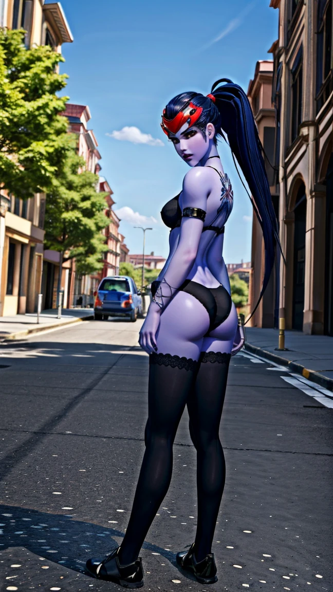 1girl, spread legs,red nipples, hanging breasts, violet hair, ponytail hair, yellow eyes, (blue skin:1.2),torpedo breast,( black head mounted visor:1.5),  dark lips, lewd bikini, hands behind back, cameltoe, looking at viewer, outside, city street, sexy pose, nsfw, slut, full body