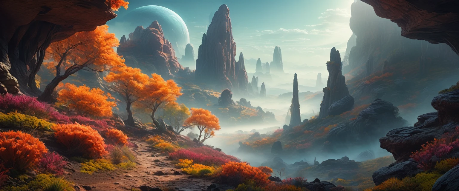 Science Fiction, Lush Alien Landscape, Vibrant flora, Mysterious rock formations, Atmospheric lighting, Fall, Misty mist, Distant Alien Skies, Award-winning illustrations|Popular on ArtStation, masterpiece|highly detailed|best quality|HD|8K|uHD|intricate details|extreme_detail