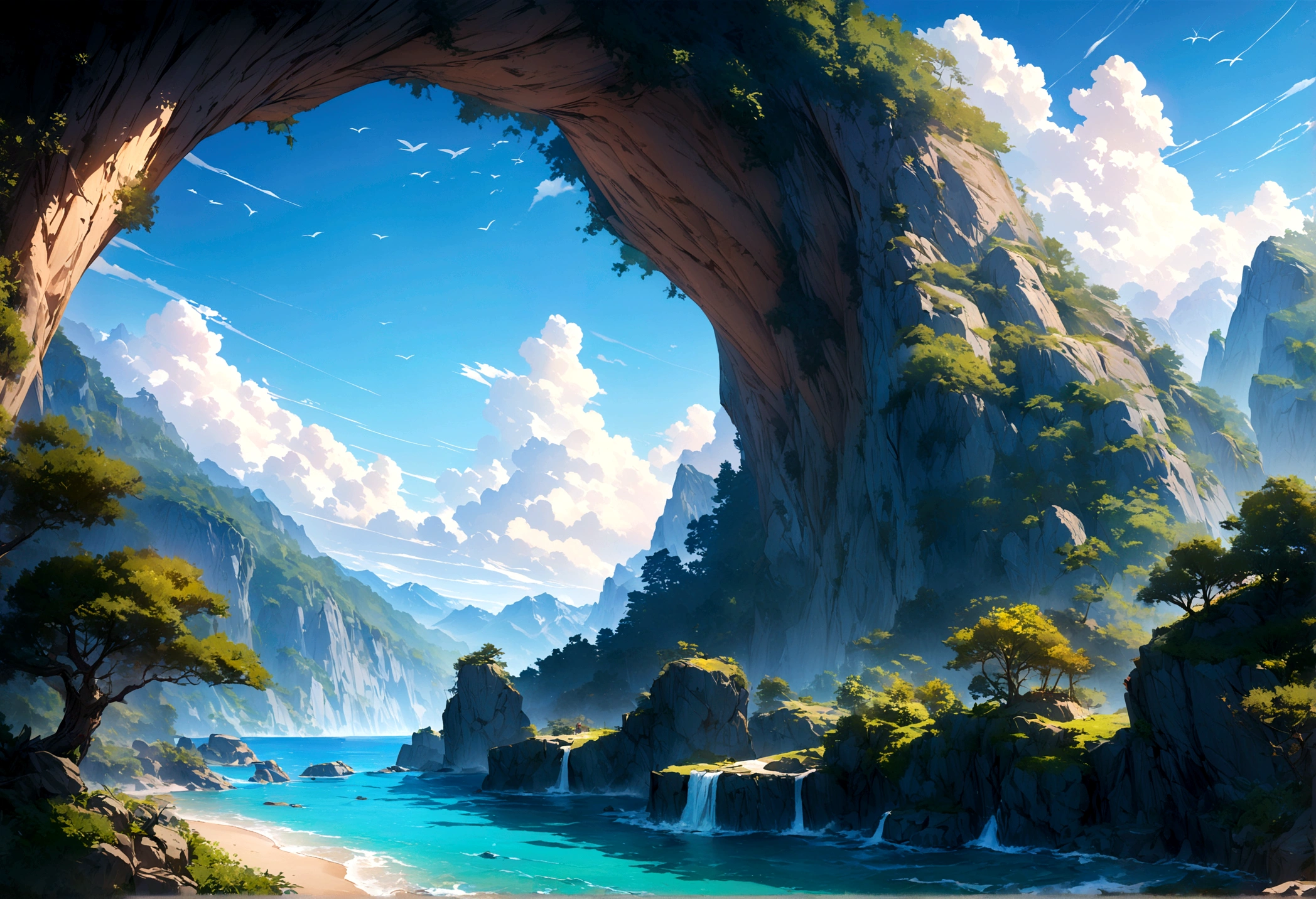 ((best quality,4K,8K,high resolution,masterpiece:1.2),Extremely detailed,(Practical,photoPractical,photo-Practical:1.37),(illustration : 1.0), Epic Composition, Realistic lighting, High-resolution details, masterpiece, Best quality, (Highly detailed CG integrated 8k wallpaper) , Chinese style（Chinese style插画）Blue sky,White Cloud,birds in the distance,Sea,Great prospects,Vision,landscape,Waves,peaceful,peaceful,fresh air,peaceful的气氛,Endless Horizon,Vibrant colors,sky reflection on Sea surface,Lush greenery,The trees swayed,trunk,Mountains in the background,Magnificent beauty of nature,Land and sea,relaxing environment, Background only, Only the view,