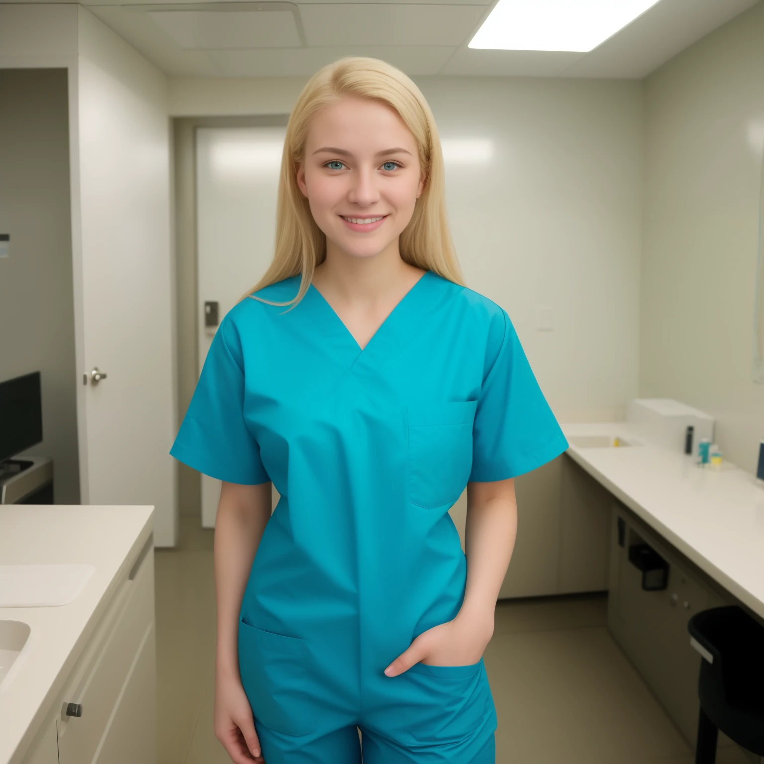 A Realistic Portrait, of a tenager girl, 15 years old (lady oscar), as surgical nurse, blonde hair, , Beautiful, detailed face, detailed eyes, (realistic skin:1.3), (pale skin:1.1), (textured skin:1.3), (()), big smile, (iphone photograph), (perfect small breasts:1.1), wearing teal surgical scrubs), (artificial lighting:1.3), looking at the camera, perfect slim body, amateur Photography, Photorealistic, Detailed, analog, poor quality, grainy,, wide angle, showing full body, standing in operation room, wearing long surgical scrubs, non-nude, all body parts covered by teal scrub uniform
