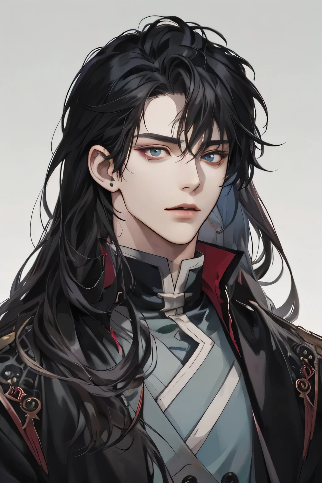 a close up of a person with long hair and a black jacket, beautiful androgynous prince, handsome guy in demon slayer art, delicate androgynous prince, by Yang J, beautiful character painting, stunning character art, with long hair and piercing eyes, artwork in the style of guweiz, stunning anime face portrait, fantasy male portrait, anime handsome man