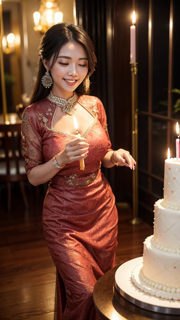 Woman in kebaya smiling blowing out candles from birthday cake. 