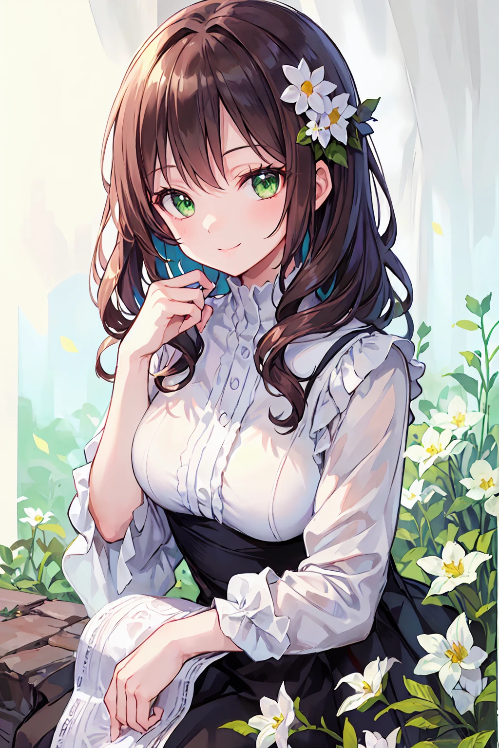 (masterpiece), (Highest quality), Ultra-high resolution, Sharp focus, Warm pastel tones, ((One mature woman, alone)), Upper Body, Mid-range long shot, MLS, Beautiful detailed hair, Chestnut Hair, Disheveled long hair, Beautifully detailed face, ((Beautiful eye shape, Green Eyes)), Perfect feminine face, smile, smile, View your viewers,Feminine lightweight dress, On a beautiful morning, Beautiful flower sitting on the ground in a meadow，discreet milk