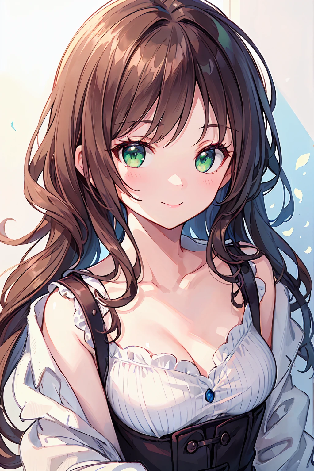 (masterpiece), (Highest quality), Ultra-high resolution, Sharp focus, Warm pastel tones, ((One mature woman, alone)), Upper Body, Mid-range long shot, MLS, Beautiful detailed hair, Chestnut Hair, Disheveled long hair, Beautifully detailed face, ((Beautiful eye shape, Green Eyes)), Perfect feminine face, smile, smile, View your viewers,Feminine lightweight dress, On a beautiful morning, Beautiful flower sitting on the ground in a meadow,discreet milk