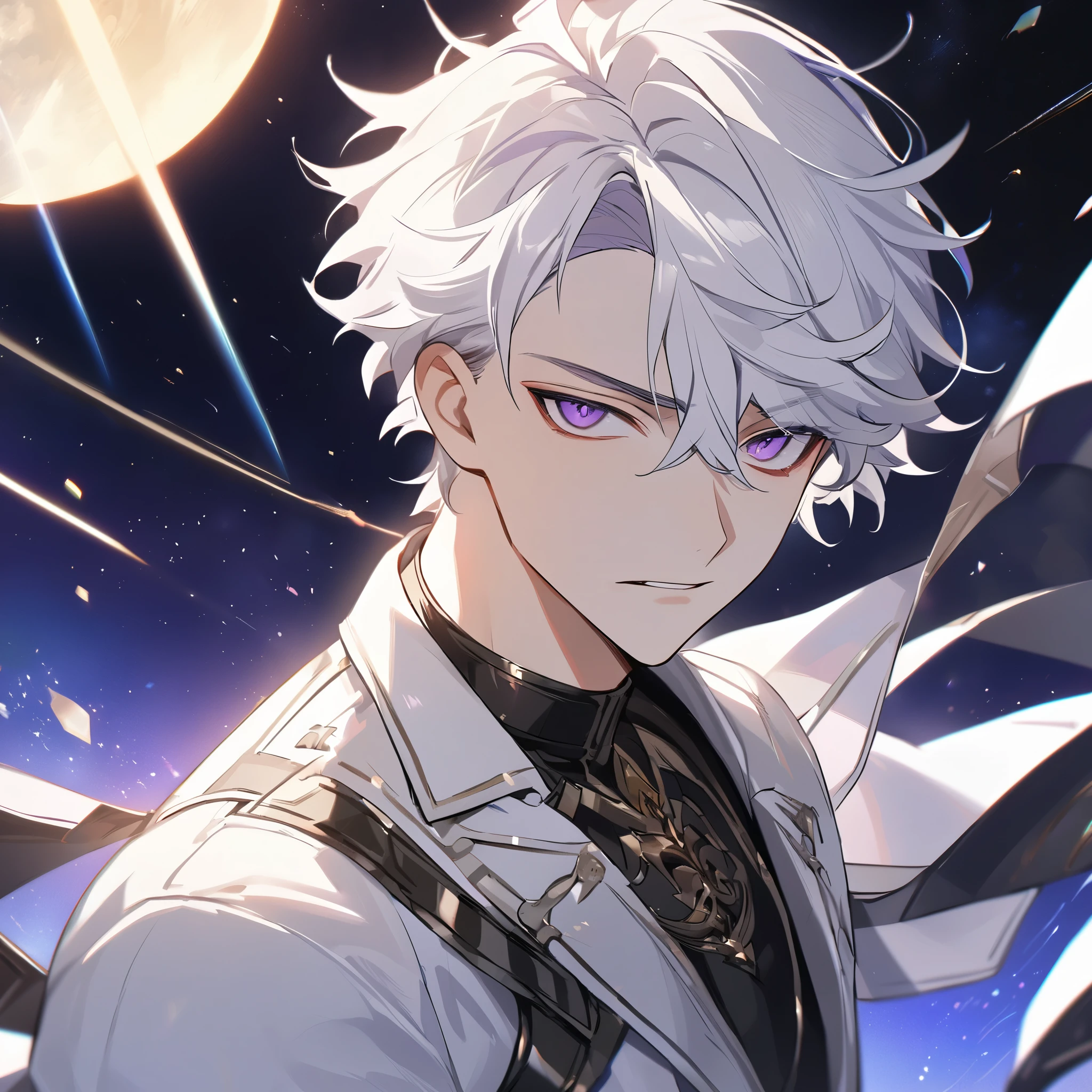 High quality, HD, 4k, no shadows, handsome male, 1male, , teenager, go lining, short white hair, sharp eyes, dark purple eyes, deep purple eyes, devil may cry, close up, calm expression, stoic expression, black leather clothes, white leather clothing, lean body, well trained body, upper body, looking at viewer, cowboy shot, white solar, space background