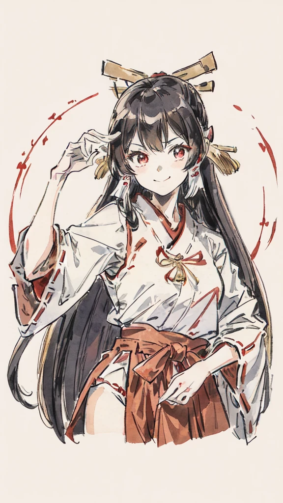 The image shows an illustrated character, likely from an anime or manga. The character has long dark hair and is wearing a traditional shrine maiden (miko) outfit, consisting of a white top (haori) with red accents and a red skirt (hakama). The character is holding what appears to be a bow without the string, and there are white ribbon-like effects surrounding the character, suggesting movement or a magical element. The face of the character has been pixelated to obscure it. The character has no accessories. Please create the new illustration in a soft, pencil-drawn style based on this description. With a smile on your face