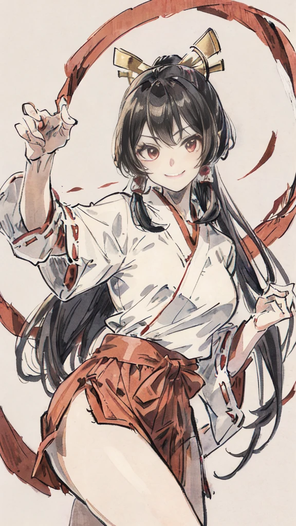 The image shows an illustrated character, likely from an anime or manga. The character has long dark hair and is wearing a traditional shrine maiden (miko) outfit, consisting of a white top (haori) with red accents and a red skirt (hakama). The character is holding what appears to be a bow without the string, and there are white ribbon-like effects surrounding the character, suggesting movement or a magical element. The face of the character has been pixelated to obscure it. The character has no accessories. Please create the new illustration in a soft, pencil-drawn style based on this description. With a smile on your face