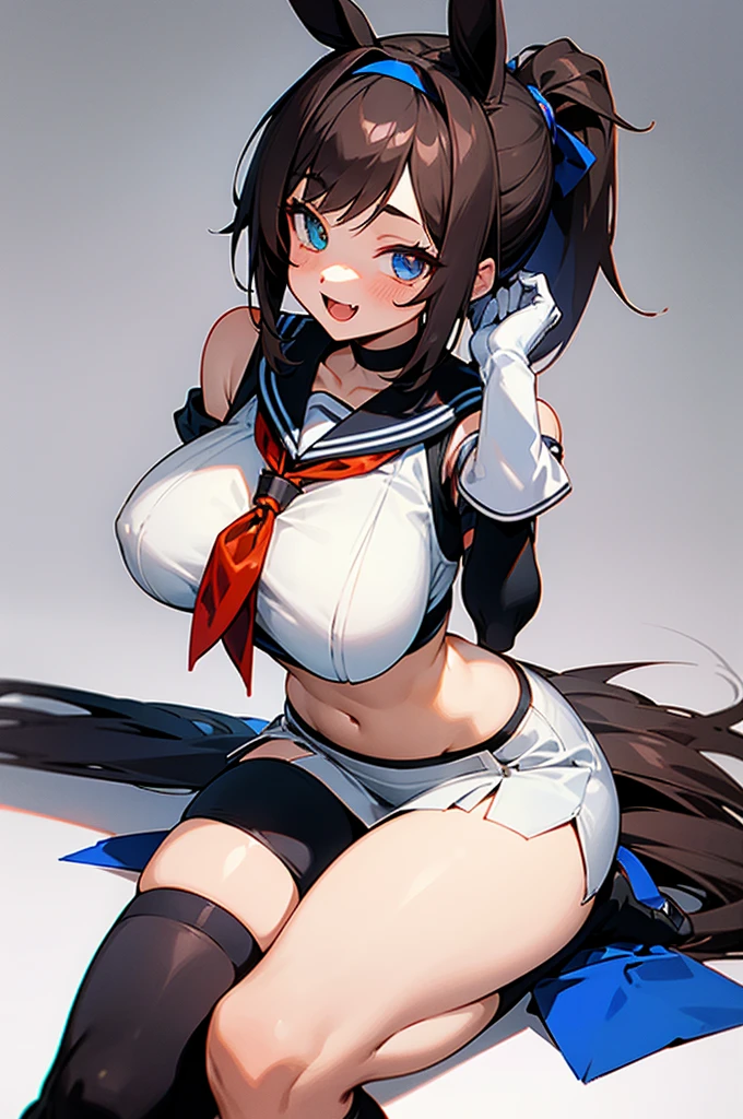 1 girl, solo, long hair, breasts, staring at viewer, blushing, smiling, mouth open, blue eyes, skirt, very large breasts, simple background, brown hair, shirt, knee-socks, gloves, white background, navel, animal ears, bare shoulders, collarbone, tail, ponytail, white hair, :d, thighs, colorful hair, hairband, sleeveless, elbow gloves, fangs, abdomen, striped, white gloves, miniskirt, two-tone hair, blue skirt, crop top, neckerchief, side bust, skin dentation, horse ears, horse girl, striped knee-socks, red neckerchief, horse tail, black hair, hair accessory, gloves, sitting, yellow eyes, thighs, white gloves, covered navel, thigh straps, heterochromia, skimpy clothing, nun, habit, bib, chest curtain