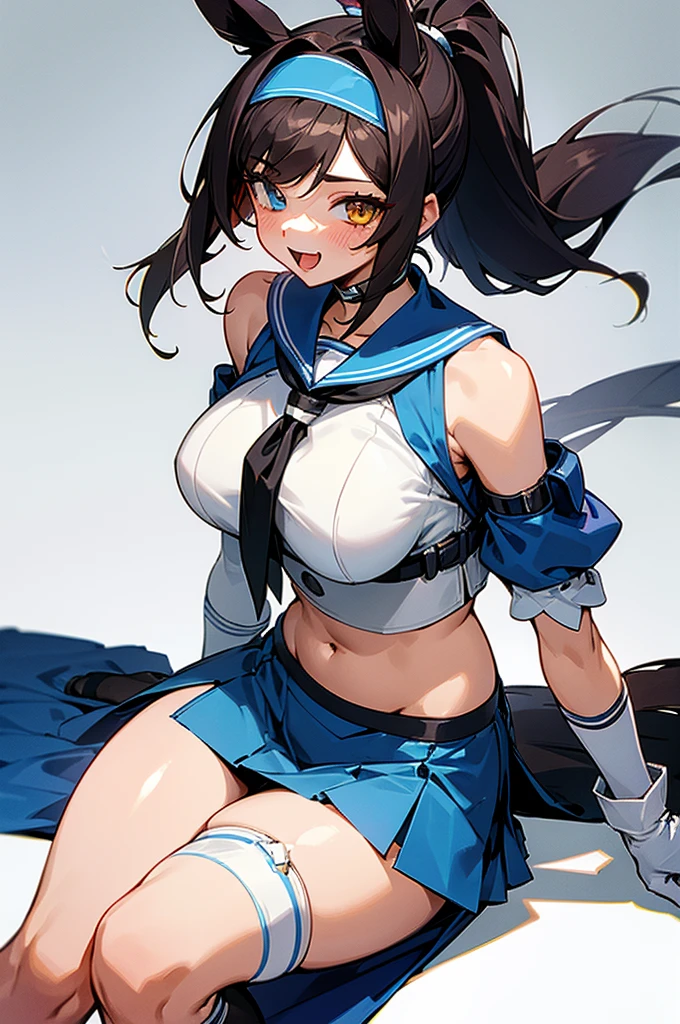 1 girl, solo, long hair, breasts, staring at viewer, blushing, smiling, mouth open, blue eyes, skirt, very large breasts, simple background, brown hair, shirt, knee-socks, gloves, white background, navel, animal ears, bare shoulders, collarbone, tail, ponytail, white hair, :d, thighs, colorful hair, hairband, sleeveless, elbow gloves, fangs, abdomen, striped, white gloves, miniskirt, two-tone hair, blue skirt, crop top, neckerchief, side bust, skin dentation, horse ears, horse girl, striped knee-socks, red neckerchief, horse tail, black hair, hair accessory, gloves, sitting, yellow eyes, thighs, white gloves, covered navel, thigh straps, heterochromia, skimpy clothing, nun, habit, bib, chest curtain