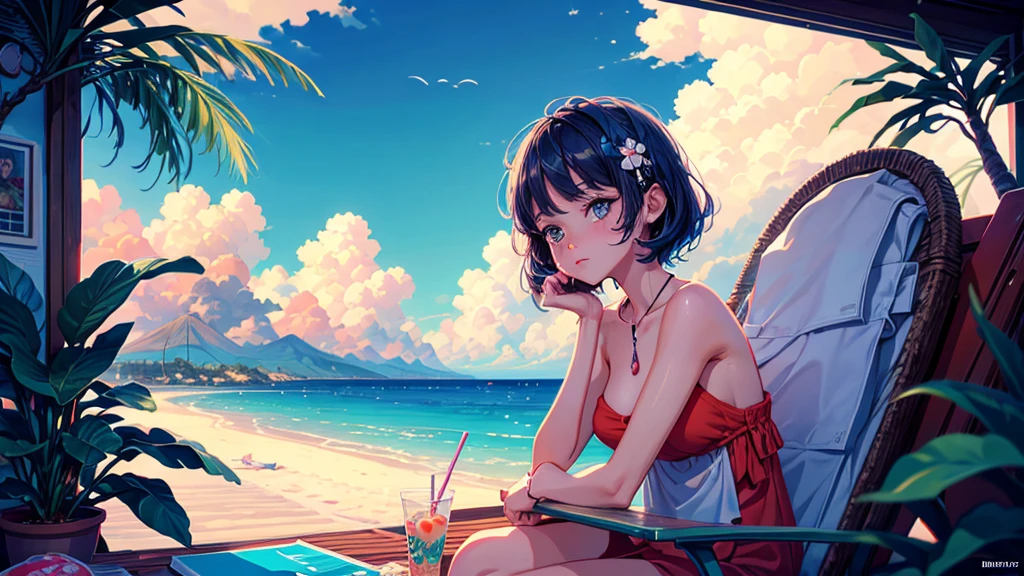 There is a woman sitting on a towel sipping a coconut drink, In the style of digital illustration, stylized digital illustration, Just a joke, Great illustrations, Lo-fi Girl, Chill Hop, Relaxing concept art, Beautiful digital illustrations, Relax on the beach, Beautiful digital art, Illustration Style, Beautiful artwork illustration, Exquisite digital illustrations, Detailed digital illustration, Lofi Art