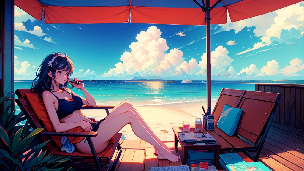 There is a woman sitting on a towel sipping a coconut drink, In the style of digital illustration, stylized digital illustration, Just a joke, Great illustrations, Lo-fi Girl, Chill Hop, Relaxing concept art, Beautiful digital illustrations, Relax on the beach, Beautiful digital art, Illustration Style, Beautiful artwork illustration, Exquisite digital illustrations, Detailed digital illustration, Lofi Art