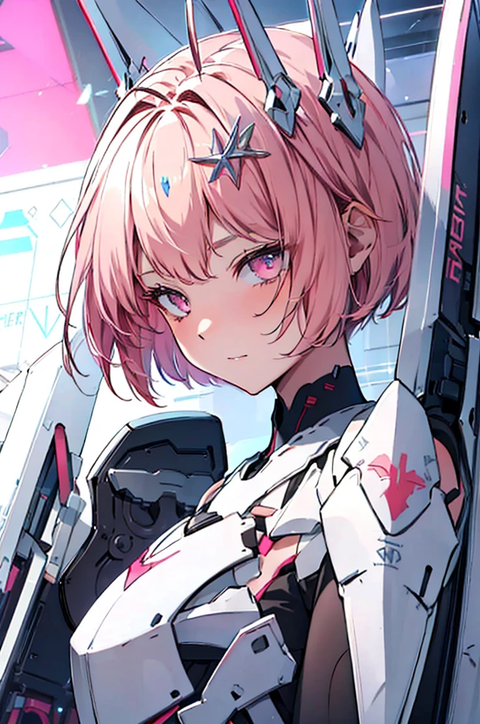 noah_\(nikke\),pink hair,short hair,chibi,Antenna on head,White Armor,Pauldron,Floating Shield,masterpiece,Noise Reduction,perfect anatomy,high resolution, ultra-detailed,game cg,dutch angle ,beautiful detailed eyes,visualart,(five fingers, perfect hands), perfect lighting,