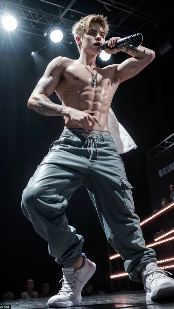 an impressive realistic photo of Justin Bieber performing on stage in baggy pants, toned physique, sweating, raining, warm day, photographed by bruce weber