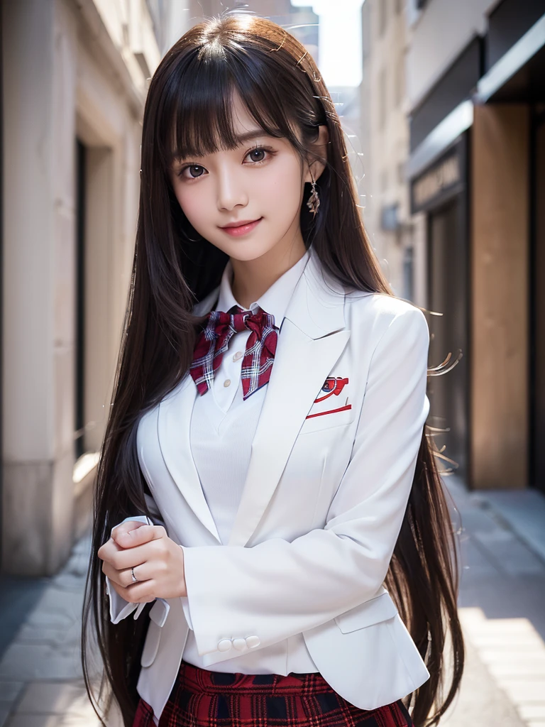Realistic, High resolution, Soft Light,1 female, alone, jewelry, Current school classroom,Biggest eyes,Low chest, Long Hair、((color々colorのついた髪))(超Realistic)、(Raise your consciousness)、(High resolution)、(8K)、(非常にGet used to it)、(Best illustrations)、(Beautiful and beautiful eyes)、(Highest quality),(Detailed face)、alone、1 Girl、Looking at the audience、Get used to it、Detailed face、In the dark night、Deep Shadow、secret key、Pure erotic face ace_、length、Black shawl straight hair、46 point diagonal bangs,Female student、(White blazer、Chest Emblem)、Translucent white blouse、Red bow tie、( 明るいcolorで,Plaid)、,8K, Highest quality, 超High resolution, Tabletop, Realistic, Realistic, High Contrast, Photon Mapping, The true picture, smile