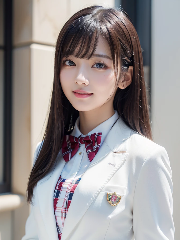 Realistic, High resolution, Soft Light,1 female, alone, jewelry, Current school classroom,Biggest eyes,Low chest, Long Hair、((color々colorのついた髪))(超Realistic)、(Raise your consciousness)、(High resolution)、(8K)、(非常にGet used to it)、(Best illustrations)、(Beautiful and beautiful eyes)、(Highest quality),(Detailed face)、alone、1 Girl、Looking at the audience、Get used to it、Detailed face、In the dark night、Deep Shadow、secret key、Pure erotic face ace_、length、Black shawl straight hair、46 point diagonal bangs,Female student、(White blazer、Chest Emblem)、Translucent white blouse、Red bow tie、( 明るいcolorで,Plaid)、,8K, Highest quality, 超High resolution, Tabletop, Realistic, Realistic, High Contrast, Photon Mapping, The true picture, smile