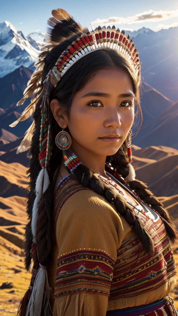 Highly detailed portrait of a very beautiful native american woman, evening sunshine, traditional dress, high resolution, hdr, close-up, andes mountain background,