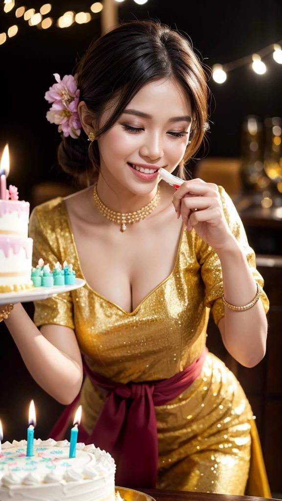 Woman in kebaya smiling blowing out candles from birthday cake.