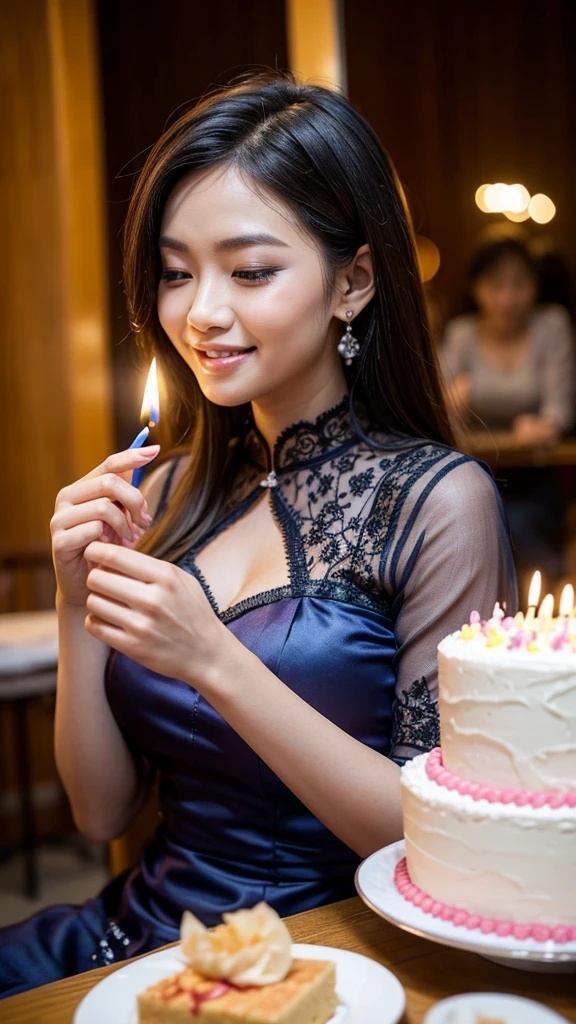 Woman in kebaya smiling blowing out candles from birthday cake. 