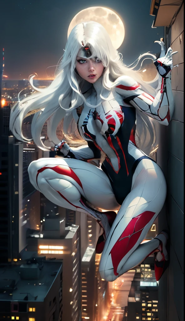 (Masterpiece, 4k resolution, ultra-realistic, very detailed), (White superhero theme, charismatic, there's a girl on top of town, wearing Spider-Man costume, she's a superhero), [ ((25 years), (long white hair:1.2), full body, (blue eyes:1.2), ((Spider-Man pose),show of strength, jumping from one building to another), ((sandy urban environment):0.8)| (cityscape, at night, dynamic lights), (full moon))] # Explanation: The Prompt mainly describes a 4K painting of ultra-high definition, very realistic, very detailed. It shows a superheroine at the top of the city, wearing a Spider-Man costume. The theme in the painting is a white superhero theme, the female protagonist has long white hair, is 25 years old and her entire body is shown in the painting. In terms of portraying the actions of superheroines, spiders are employed