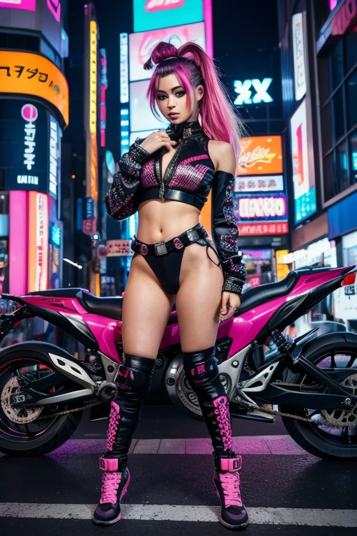 Masterpiece, Best Quality, Confident cyberpunk girl, full body shot, ((standing in front of the motorcycle)), Harajuku Inspired Pop Outfit, bold colors and patterns, Eye-catching accessories, Modern and innovative hairstyle, Vibrant makeup, Cyberpunk dazzling cityscape, skyscraper, neon signs, Luces led, combination of bright and vivid colors, cheered up, illustration, detailed skin texture, detailed fabric texture, beautiful detailed face, intricate details, ultra detailed.