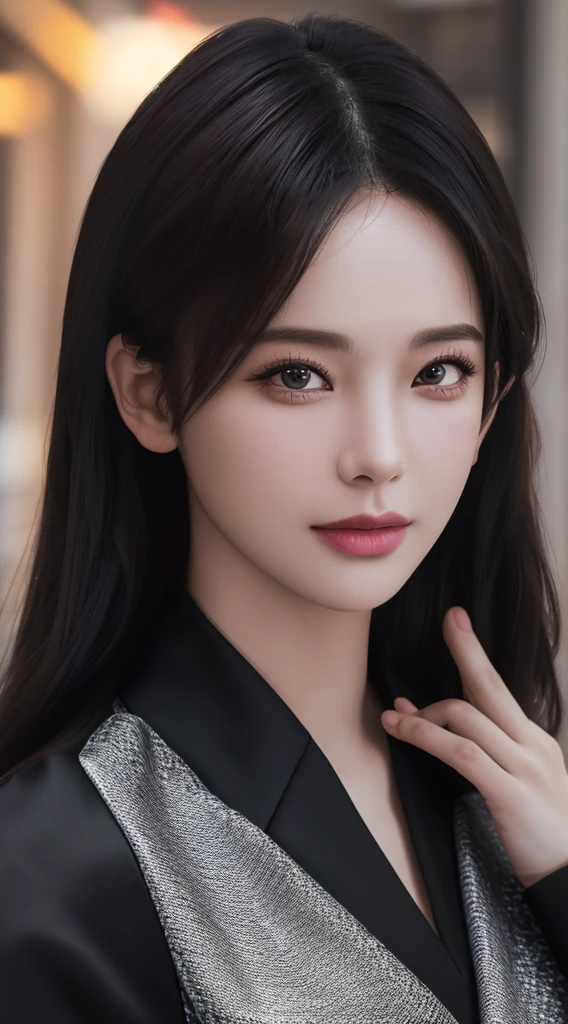 best quality, masterpiece, 1girl, Beautiful face, (photo realistic:1.3), rim lighting, (high detailed skin:1.2), 8k uhd, dslr, high quality, high resolution, 4k, 8k, Bokeh, absurdres, best ratio four finger and one thumb, (realistic:1.3), cute 1girl, wearing black formal blazer, medium breasts, short skirt,