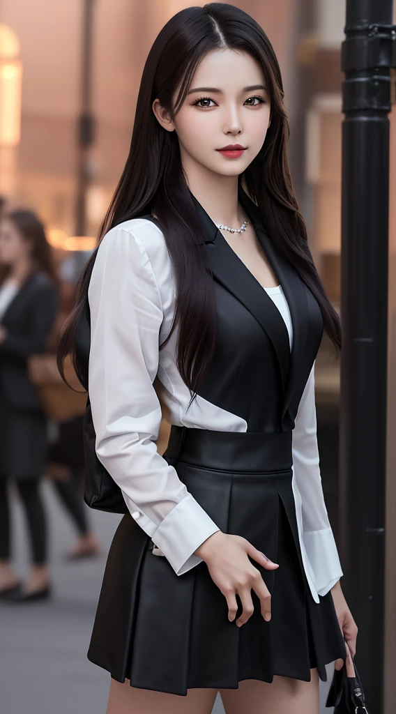 best quality, masterpiece, 1girl, Beautiful face, (photo realistic:1.3), rim lighting, (high detailed skin:1.2), 8k uhd, dslr, high quality, high resolution, 4k, 8k, Bokeh, absurdres, best ratio four finger and one thumb, (realistic:1.3), cute 1girl, wearing black formal blazer, medium breasts, short skirt,