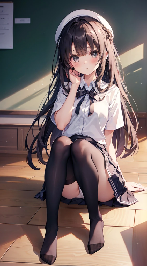 (8K、Best image quality、Highest quality、masterpiece)、One tall girl、((whole body))、Sit on the floor with your legs spread、White panties are visible、Long Hair、Wavy Hair、blush、Medium Bust、White collared shirt、Short sleeve、((Checkered pleated mini skirt))、Classroom Background、((black tights))、Black Pantyhose、((No shoes))