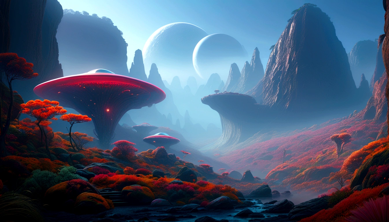 Science Fiction, Lush Alien Landscape, Vibrant flora, Mysterious rock formations, Atmospheric lighting, Fall, Misty mist, Distant Alien Skies, Award-winning illustrations|Popular on ArtStation, masterpiece|highly detailed|best quality|HD|8K|uHD|intricate details|extreme_detail