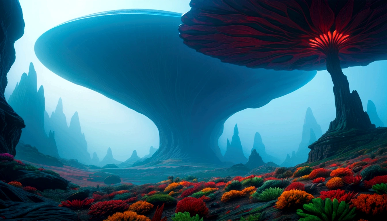 Science Fiction, Lush Alien Landscape, Vibrant flora, Mysterious rock formations, Atmospheric lighting, Fall, Misty mist, Distant Alien Skies, Award-winning illustrations|Popular on ArtStation, masterpiece|highly detailed|best quality|HD|8K|uHD|intricate details|extreme_detail