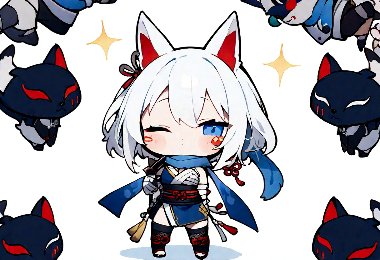 solo、1 person、whole body、Fall down、sleep、sleep、Stickers、White Gauntlet、chibi,No sleeve、Bleaching、(masterpiece, best quality:1.2), 1girl, 独奏,Wolf girl, fox mask, ninja, girl, white hair, odd eyes, blue kimono, ninja girl, red and blue scarf,Chibi Character、White background, fantastic atmosphere.White background、、Black fox mask、Fisheye Lens、hair、Bandage on chest、boy、Black fox mask、Blue Bondage