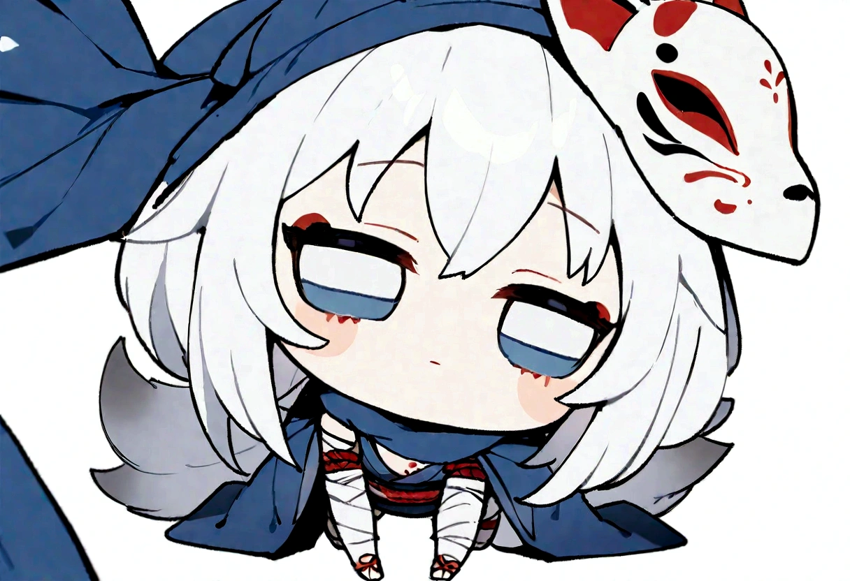 solo、1 person、whole body、Fall down、sleep、sleep、Stickers、White Gauntlet、chibi,No sleeve、Bleaching、(masterpiece, best quality:1.2), 1girl, 独奏,Wolf girl, fox mask, ninja, girl, white hair, odd eyes, blue kimono, ninja girl, red and blue scarf,Chibi Character、White background, fantastic atmosphere.White background、、Black fox mask、Fisheye Lens、hair、Bandage on chest、boy、Black fox mask、Blue Bondage