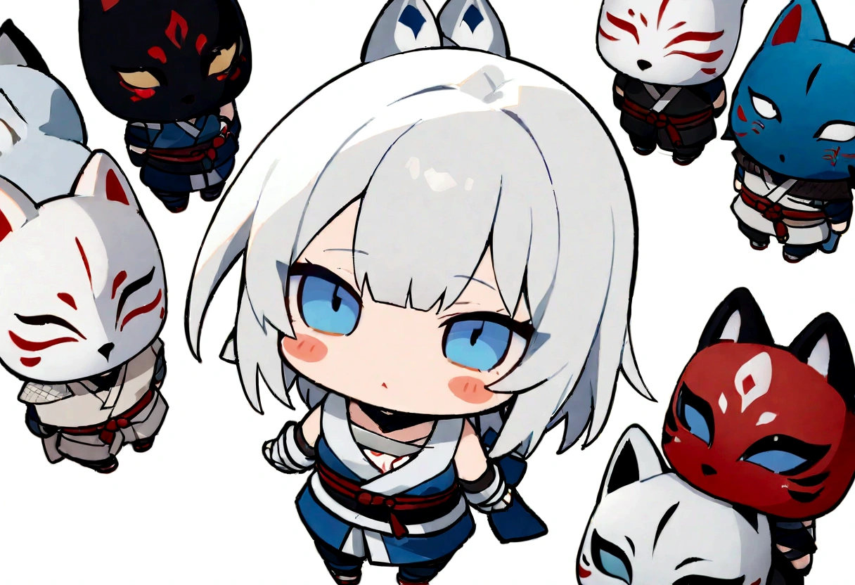 solo、1 person、whole body、Fall down、sleep、sleep、Stickers、White Gauntlet、chibi,No sleeve、Bleaching、(masterpiece, best quality:1.2), 1girl, 独奏,Wolf girl, fox mask, ninja, girl, white hair, odd eyes, blue kimono, ninja girl, red and blue scarf,Chibi Character、White background, fantastic atmosphere.White background、、Black fox mask、Fisheye Lens、hair、Bandage on chest、boy、Black fox mask、Blue Bondage