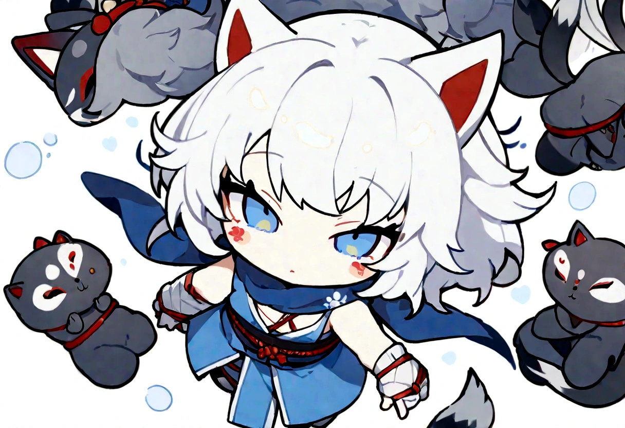 Black Hai Niso。solo、1 person、whole body、Fall down、sleep、sleep、Stickers、White Gauntlet、chibi,No sleeve、Bleaching、(masterpiece, best quality:1.2), 1girl, 独奏,Wolf girl, fox mask, ninja, girl, white hair, odd eyes, blue kimono, ninja girl, red and blue scarf,Chibi Character、White background, fantastic atmosphere.White background、、Black fox mask、Fisheye Lens、hair、Bandage on chest、boy、Black fox mask、Blue Bondage