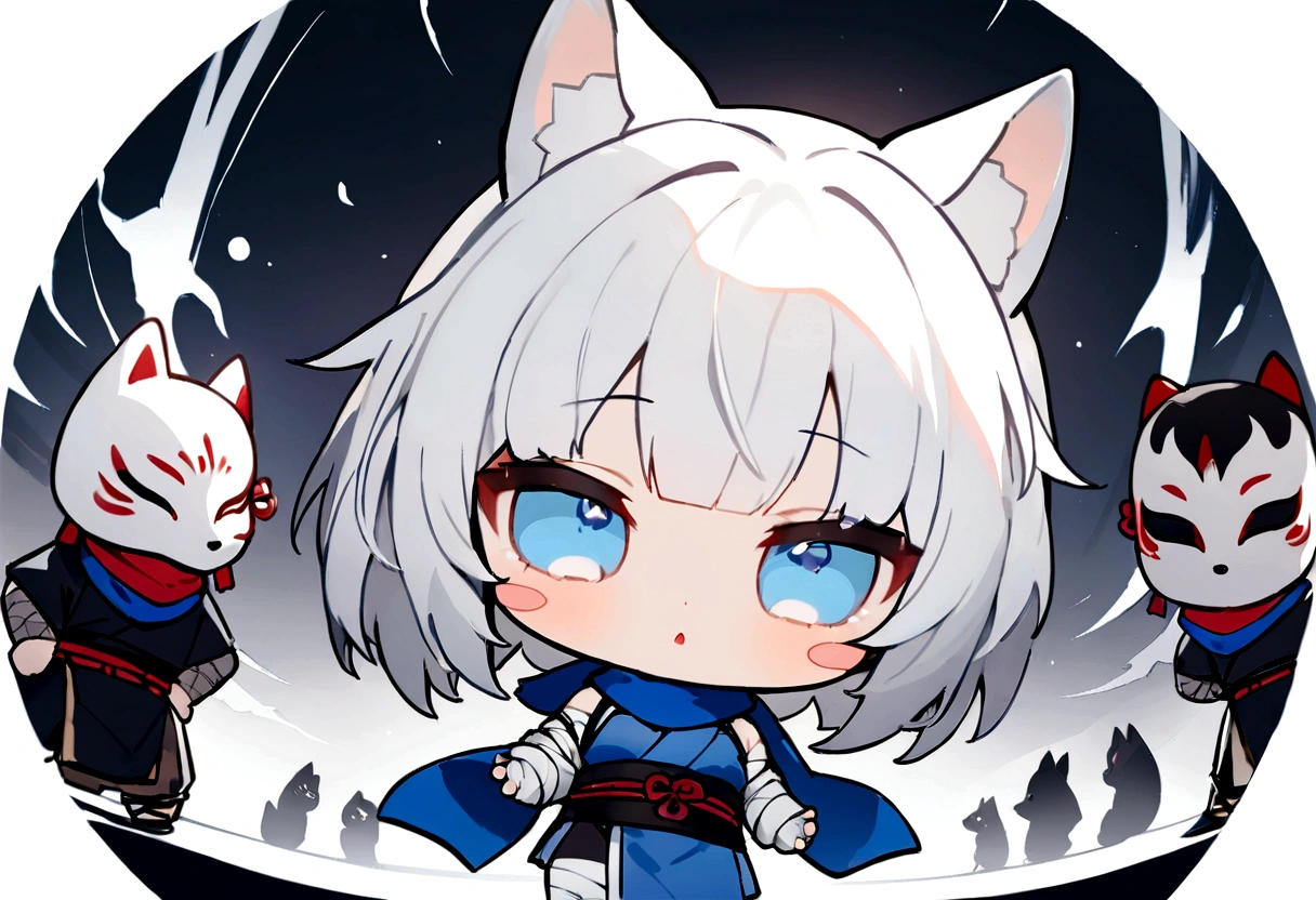 Black Hai Niso。solo、1 person、whole body、Fall down、sleep、sleep、Stickers、White Gauntlet、chibi,No sleeve、Bleaching、(masterpiece, best quality:1.2), 1girl, 独奏,Wolf girl, fox mask, ninja, girl, white hair, odd eyes, blue kimono, ninja girl, red and blue scarf,Chibi Character、White background, fantastic atmosphere.White background、、Black fox mask、Fisheye Lens、hair、Bandage on chest、boy、Black fox mask、Blue Bondage