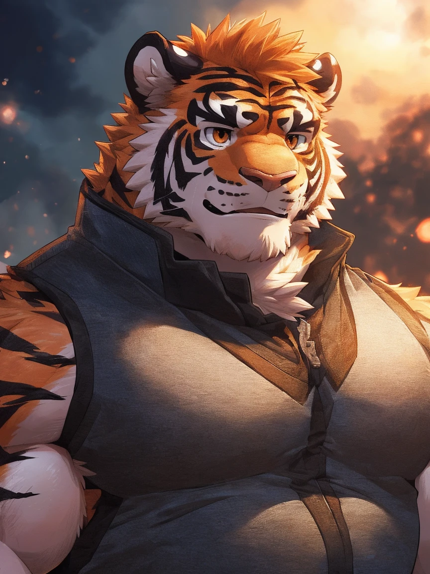 human nature, Wildlife, male,36 years old,Uncle, solitary, ((Round Face, The face is plump,Orange eyes,Thick orange hair,With scars)), ((Endomorph, Handsome,Hot Blood)), (Sportswear,Clothes Damaged), ((domestic tiger, tiger,) Fluffy fur, Fluffy), Bokeh, (high quality, high resolution, masterpiece), (Dynamic Lighting, Vibrant colors), (Revitalize,harm,Disdain), Full body picture (close up), cartoon, author:Takemoto Arashi, From zixiong, By Chunni, author:Empty Ghost,(background:Rainy forest)