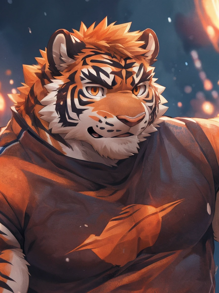 human nature, Wildlife, male,36 years old，Uncle， solitary, ((Round Face, The face is plump,Orange eyes,Thick orange hair，With scars)), ((Endomorph, Handsome，Hot Blood)), (Sportswear，Clothes Damaged), ((domestic tiger, tiger，) Fluffy fur, Fluffy), Bokeh, (high quality, high resolution, masterpiece), (Dynamic Lighting, Vibrant colors), (Revitalize，harm，Disdain), Full body picture (close up), cartoon, author：Takemoto Arashi, From zixiong, By Chunni, author：Empty Ghost，（background：Rainy forest）