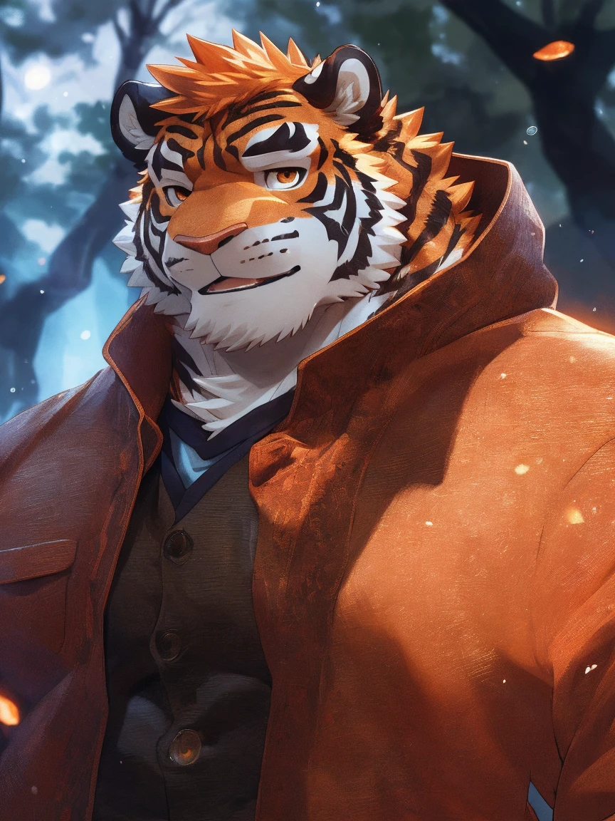 human nature, Wildlife, male,36 years old，Uncle， solitary, ((Round Face, The face is plump,Orange eyes,Thick orange hair，With scars)), ((Endomorph, Handsome，Hot Blood)), (Sportswear，Clothes Damaged), ((domestic tiger, tiger，) Fluffy fur, Fluffy), Bokeh, (high quality, high resolution, masterpiece), (Dynamic Lighting, Vibrant colors), (Revitalize，harm，Disdain), Full body picture (close up), cartoon, author：Takemoto Arashi, From zixiong, By Chunni, author：Empty Ghost，（background：Rainy forest）