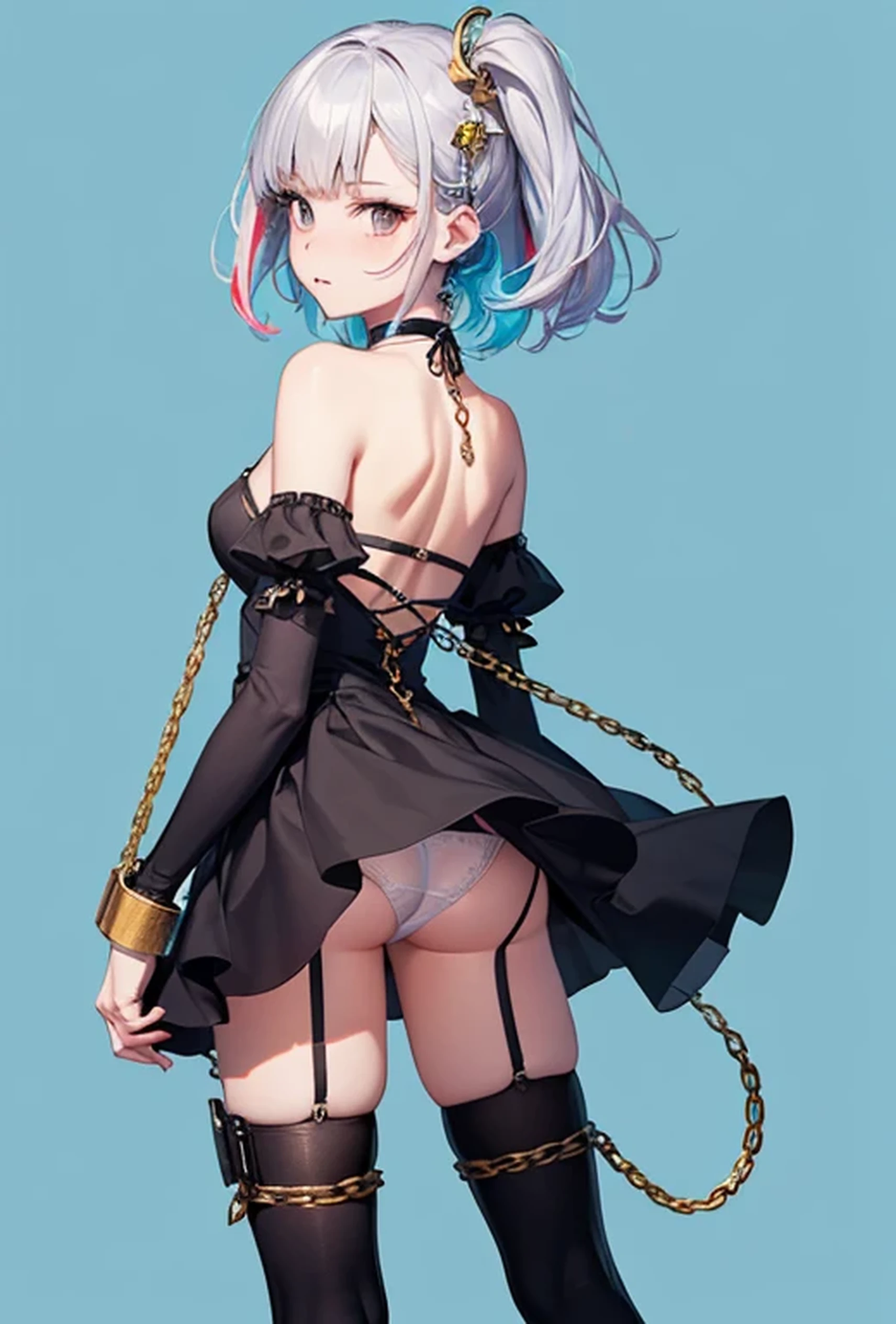 (Photorealistic:1.8, Highest quality:1.8,8K Masterpiece:1.8、Super detailed、Ultra-high resolution、Detailed Background)、((Flat Color))、((colorful))、Multicolored lighting、((Floating colorful water))、Blue background、
Bound Queen、Random Pause、(Chained、Golden Chain、Chained to the body、Chained first round、handcuffs)、Random Sexy Poses、Turn around、Angle from behind、
(Medium Hair、Silver Hair、hair ornaments、choker)、(bondage、Mini Dress、choker、Knee-high stockings、garter belt、White biting panties)、Beautiful hip line、TWICE's Tzuyu' on pause、Beautiful blue eyes、(A rich expression、smile)