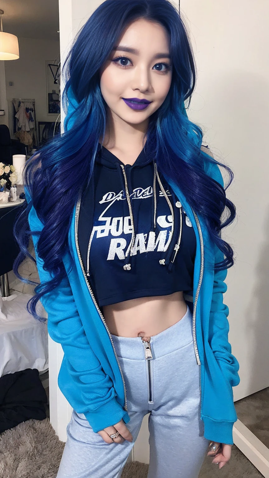 Messy Hair, Blue Hair, replace, Rock star hairstyles and outfits, Glam Rock Makeup, smile, Blue lipstick, indoor, Blue no-zip hoodie, cropped hoodie, Big Breasts, bikini, Bright colors, Vibrant colors, Bright Blue Eyes, jewelry
