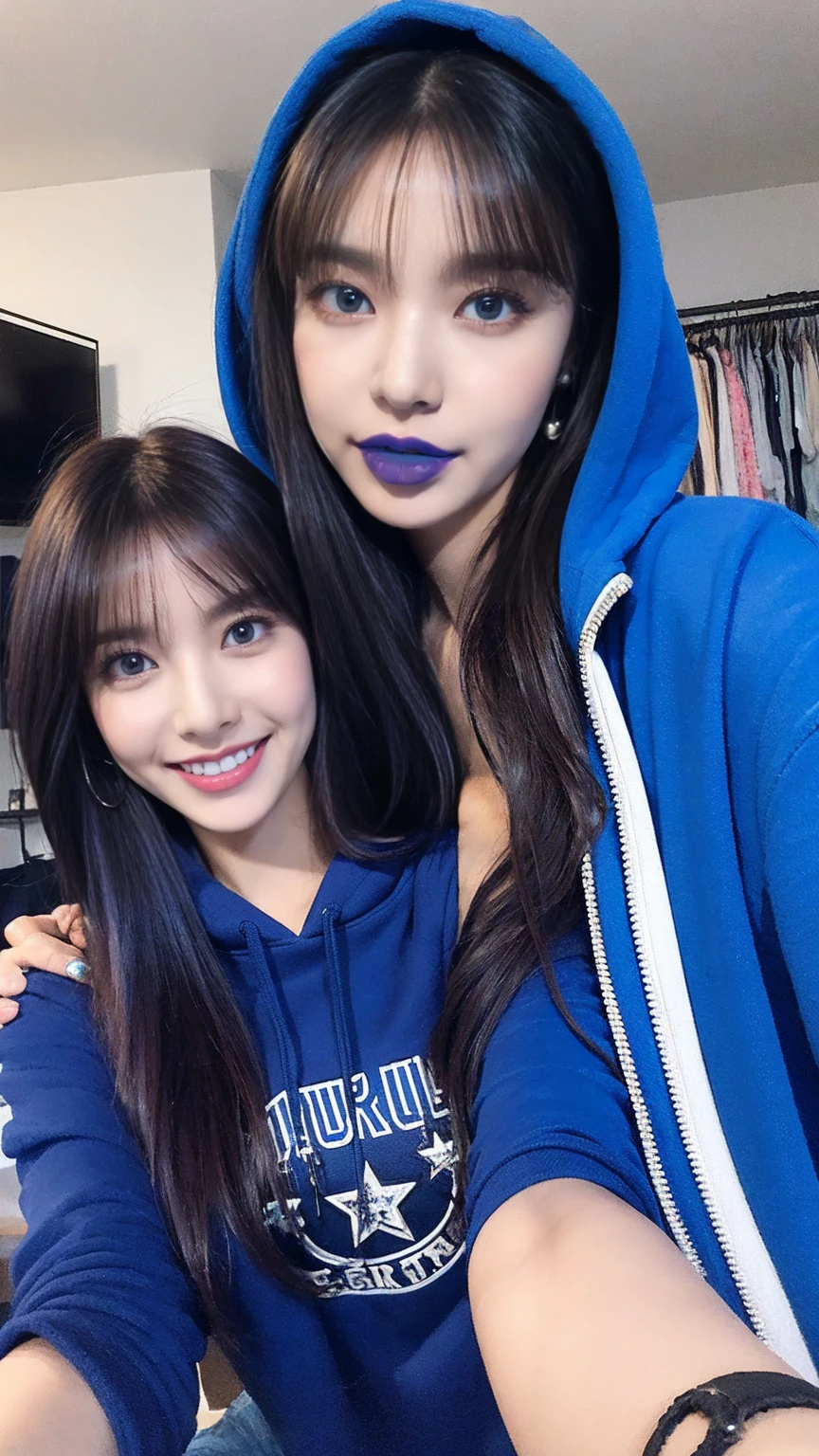 Messy Hair, Blue Hair, replace, Rock star hairstyles and outfits, Glam Rock Makeup, smile, Blue lipstick, indoor, Blue no-zip hoodie, cropped hoodie, Big Breasts, bikini, Bright colors, Vibrant colors, Bright Blue Eyes, jewelry