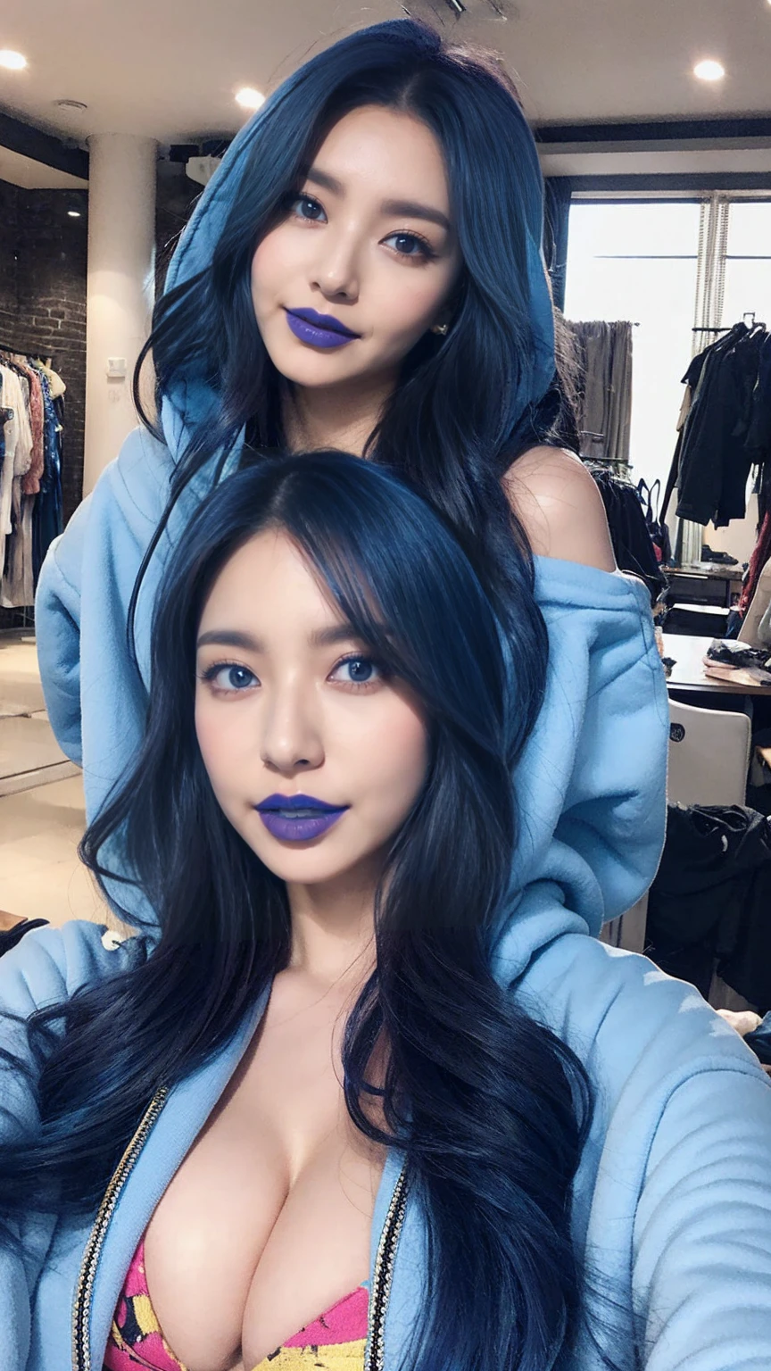 Messy Hair, Blue Hair, replace, Rock star hairstyles and outfits, Glam Rock Makeup, smile, Blue lipstick, indoor, Blue no-zip hoodie, cropped hoodie, Big Breasts, bikini, Bright colors, Vibrant colors, Bright Blue Eyes, jewelry