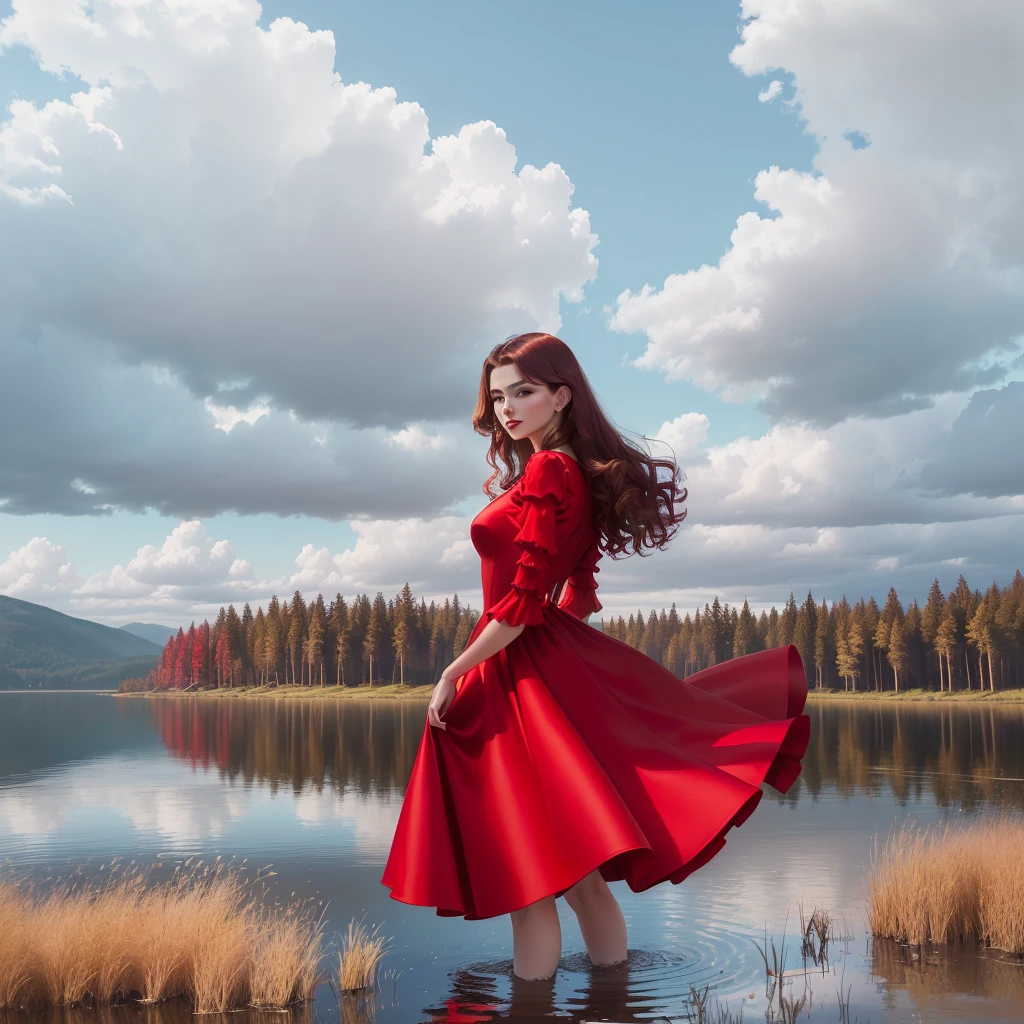 araffe woman in a red dress posing by a lake, in a red dress, wearing a red dress, red dress, wearing red dress, alina ivanchenko, wearing a red sundress, girl wears a red dress, she arrived in a red dress, she is walking on a river, ekaterina, posing!!, wearing a red outfit