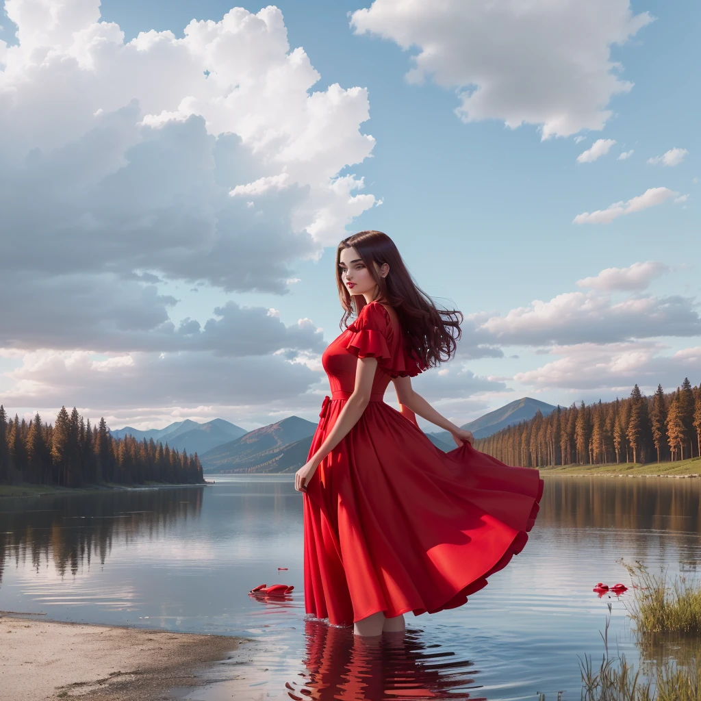 araffe woman in a red dress posing by a lake, in a red dress, wearing a red dress, red dress, wearing red dress, alina ivanchenko, wearing a red sundress, girl wears a red dress, she arrived in a red dress, she is walking on a river, ekaterina, posing!!, wearing a red outfit