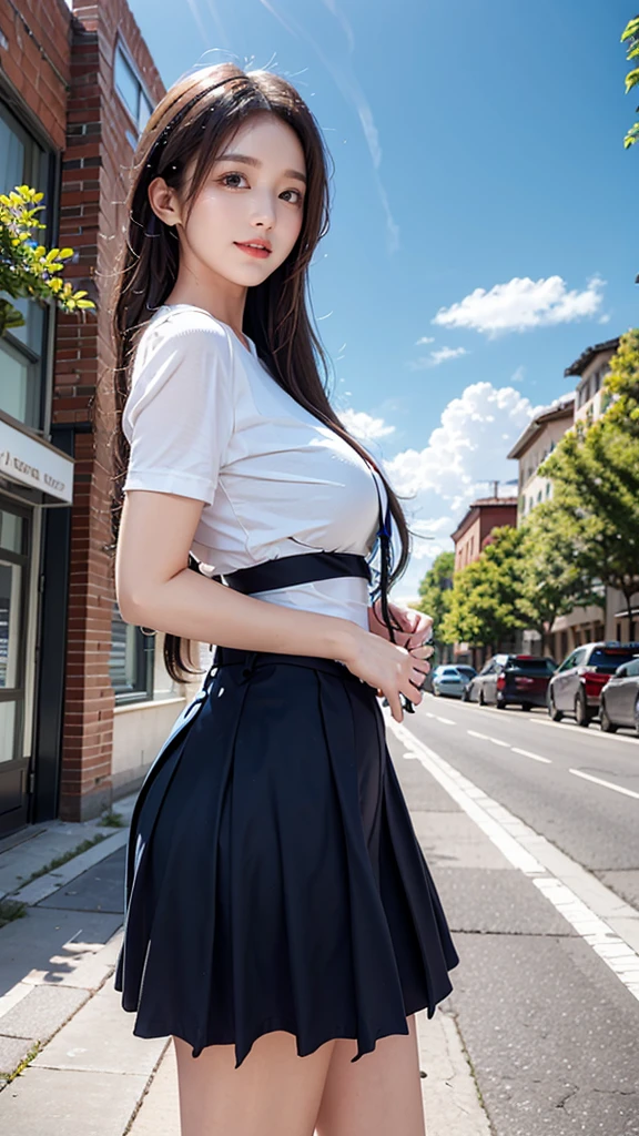 A Korean woman poses outdoors with a blue sky and buildings in the background. She was wearing a knit top and a short skirt with both hands lifting the skirt which was open at the bottom, showing her vagina and smiling at the camera. From below